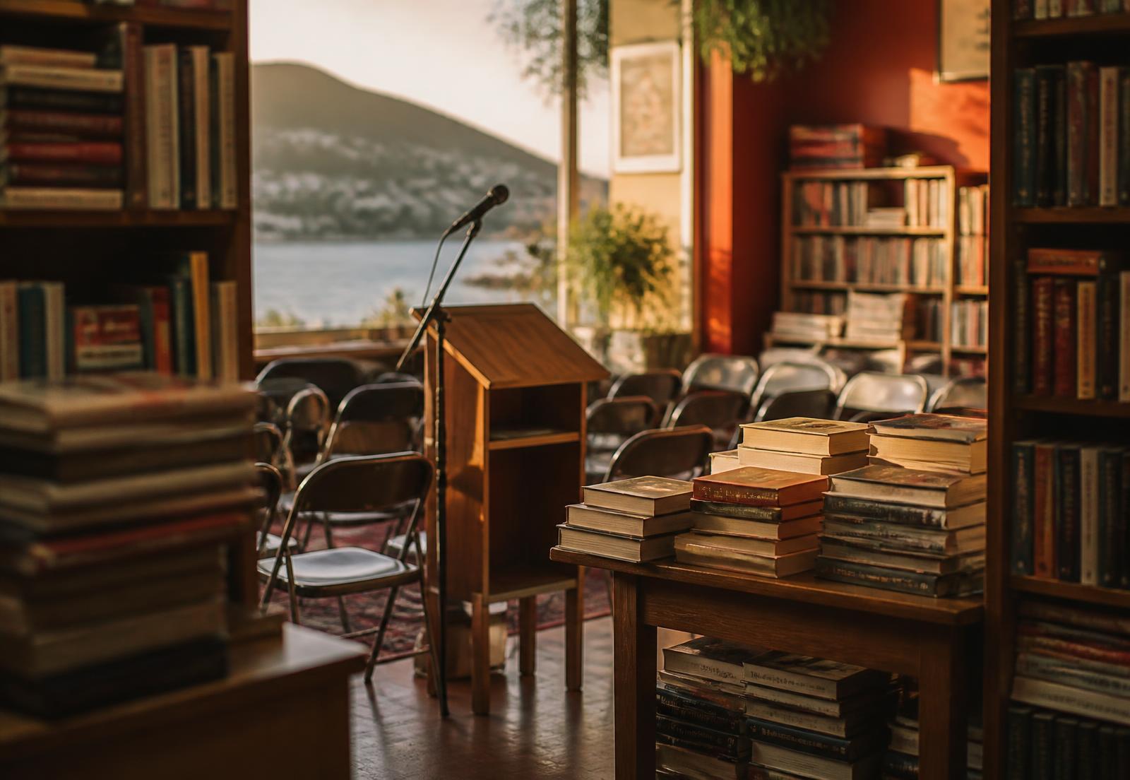 An independent New Zealand bookshop set up for an evening author reading